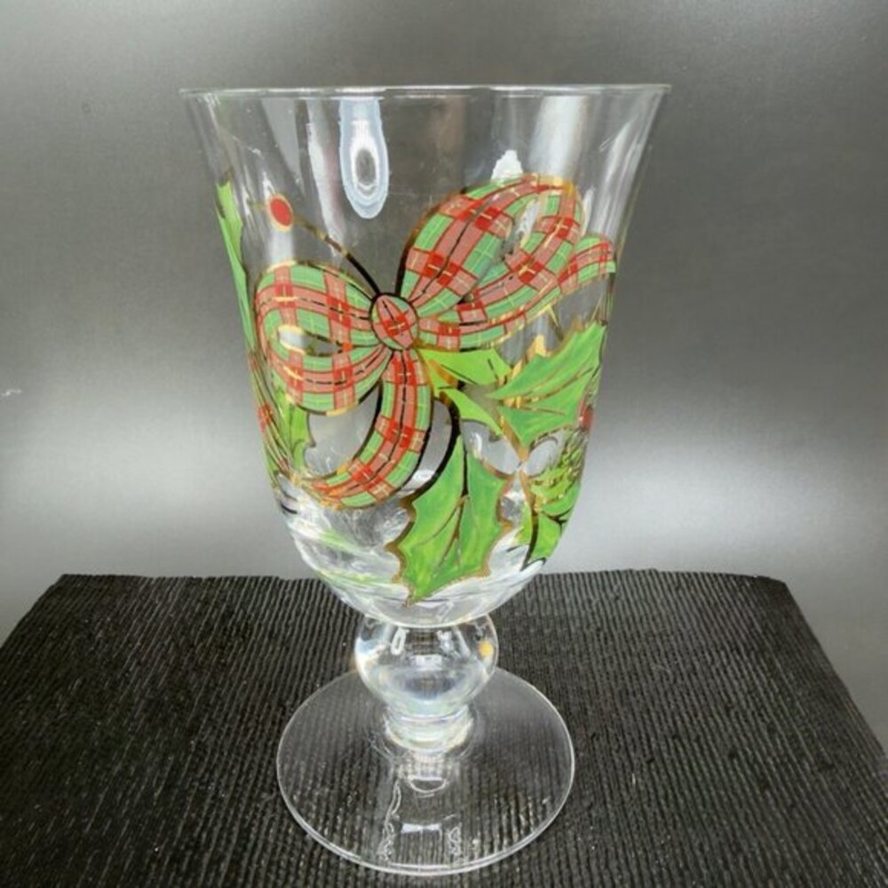 Lenox Holiday Plaid Ribbon Iced Tea Glass Footed Goblet Cup Hand Painted Single